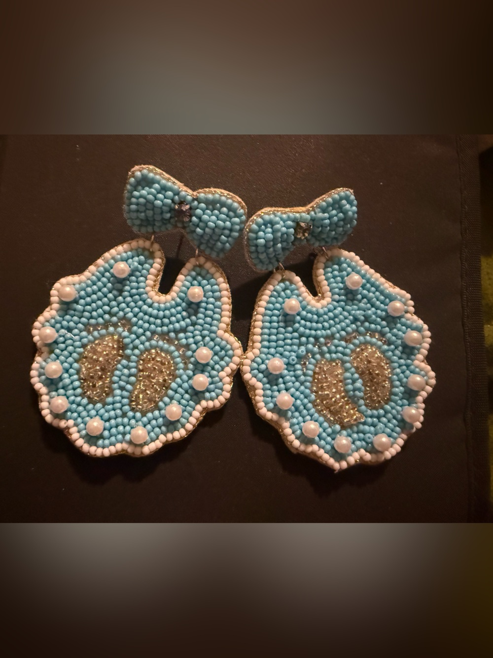 Blue Baby Footprint Beaded Statement Earrings | Handmade Bow Pearl Dangle